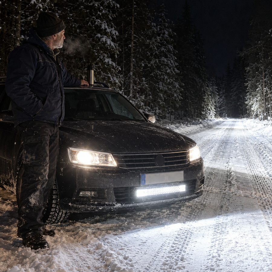 Mørk landevej og for lidt lys foran bilen? Bilens nærlys lyser et stykke, men vejkanten og det, der er længere fremme, kan ses sent.