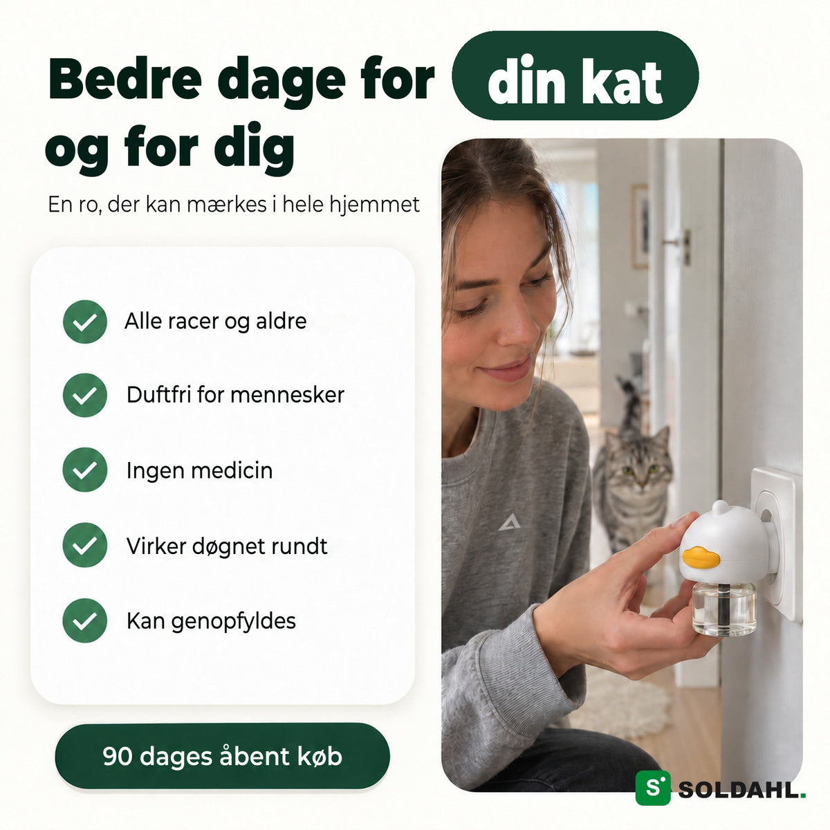 Kvinde sætter Lugnhem i stikkontakten, duftfri for mennesker og uden medicin