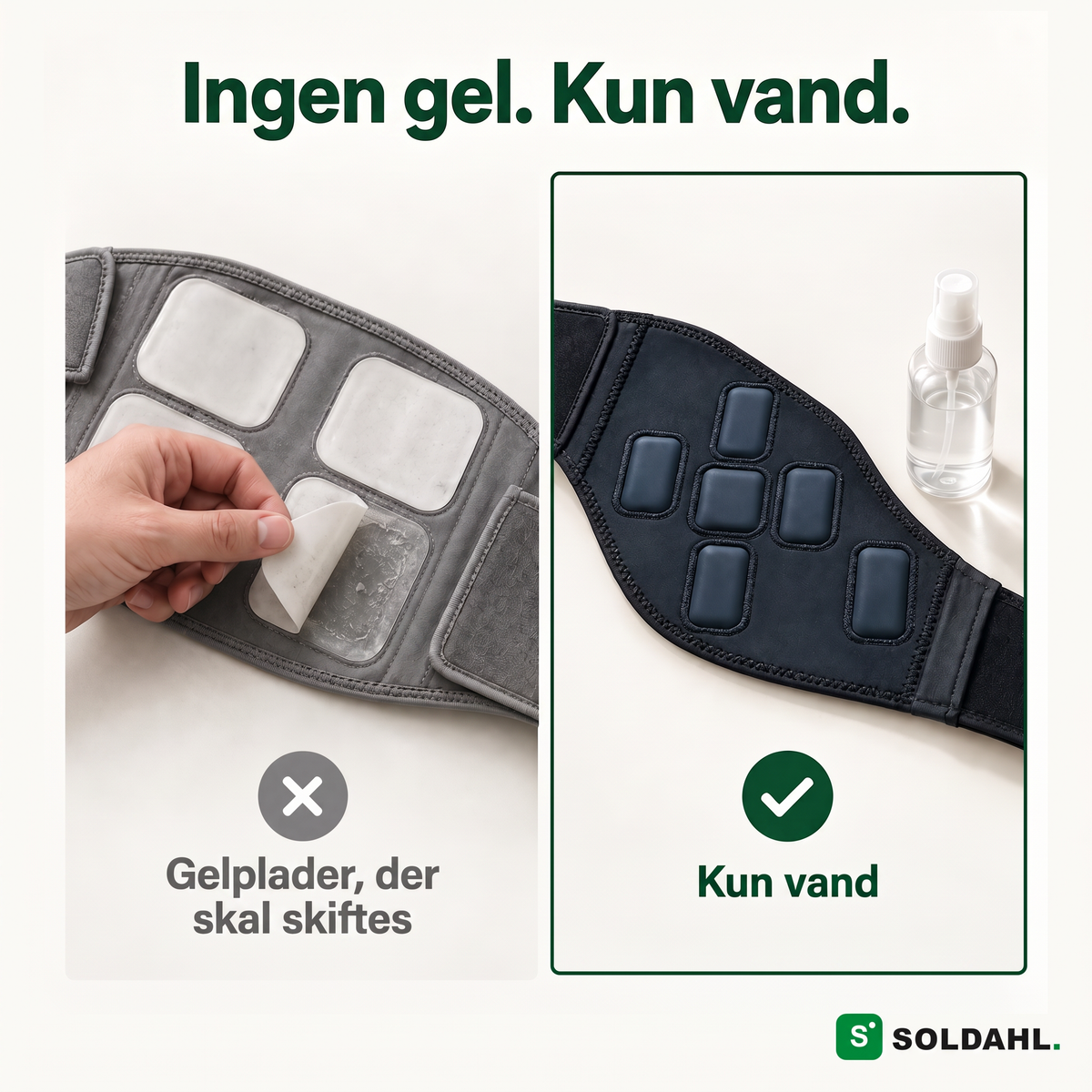 Sammenligning: gelplader, der skal skiftes, mod mavebæltets stofplader, der kun skal bruge vand