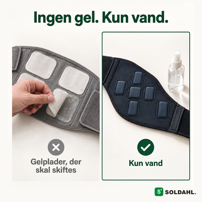 Sammenligning: gelplader, der skal skiftes, mod mavebæltets stofplader, der kun skal bruge vand