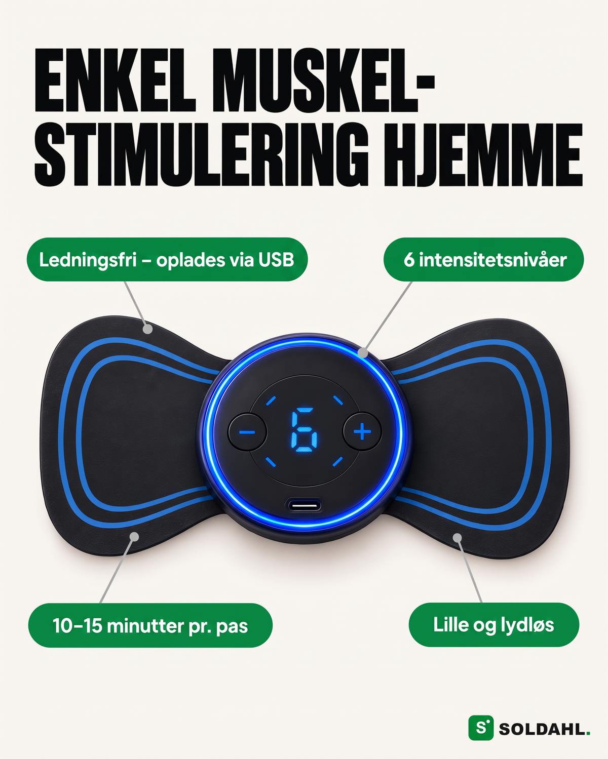 Funktioner: ledningsfri, 6 intensitetsniveauer, 10-15 minutter, lille og lydløs