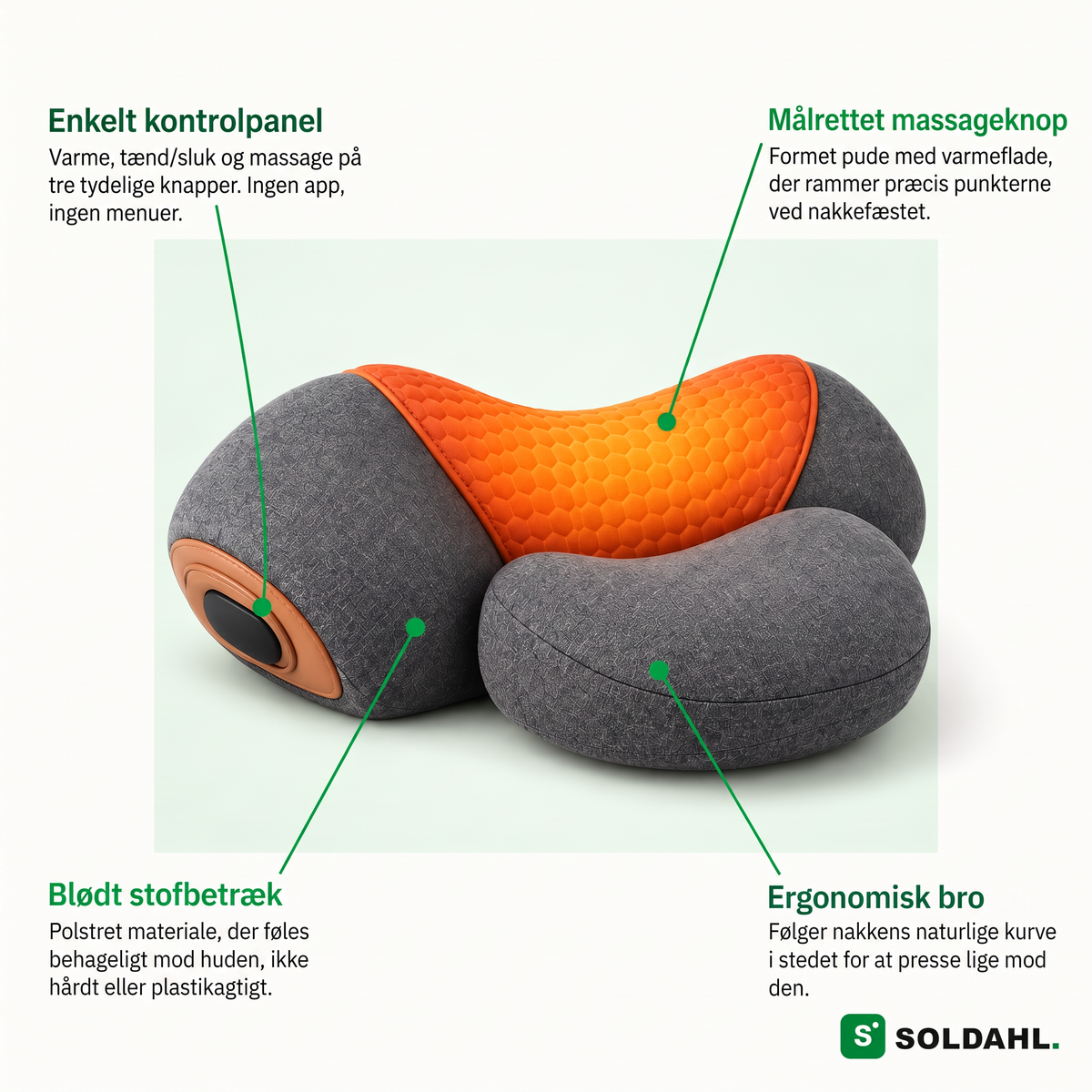 Soldahl® Nackvila funktioner: kontrolpanel, massageknop, stofbetræk, ergonomisk bro