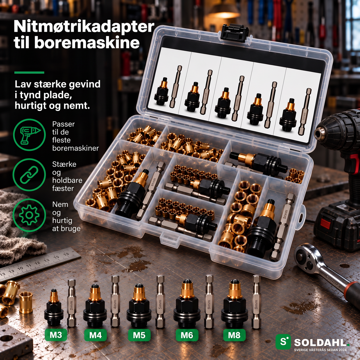 Soldahl Nitfast nitmøtrikadapter til boremaskine, åben kasse med fem adaptere, bits og nitmøtrikker på en værkstedsbænk
