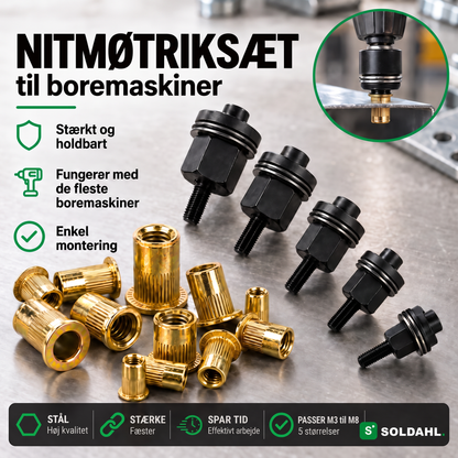 Nitmøtriksæt til boremaskiner med adaptere og nitmøtrikker samt forstørrelse af montering i plade