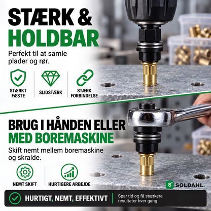 Nitfast adapter sætter en nitmøtrik i plade, kør i hånden med skralde eller med boremaskine