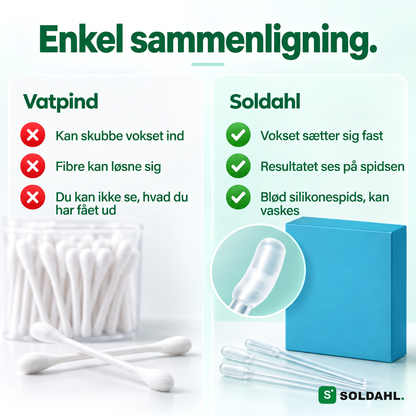 Sammenligning mellem vatpind og Soldahl Ørerenser i to kolonner med fordele og ulemper