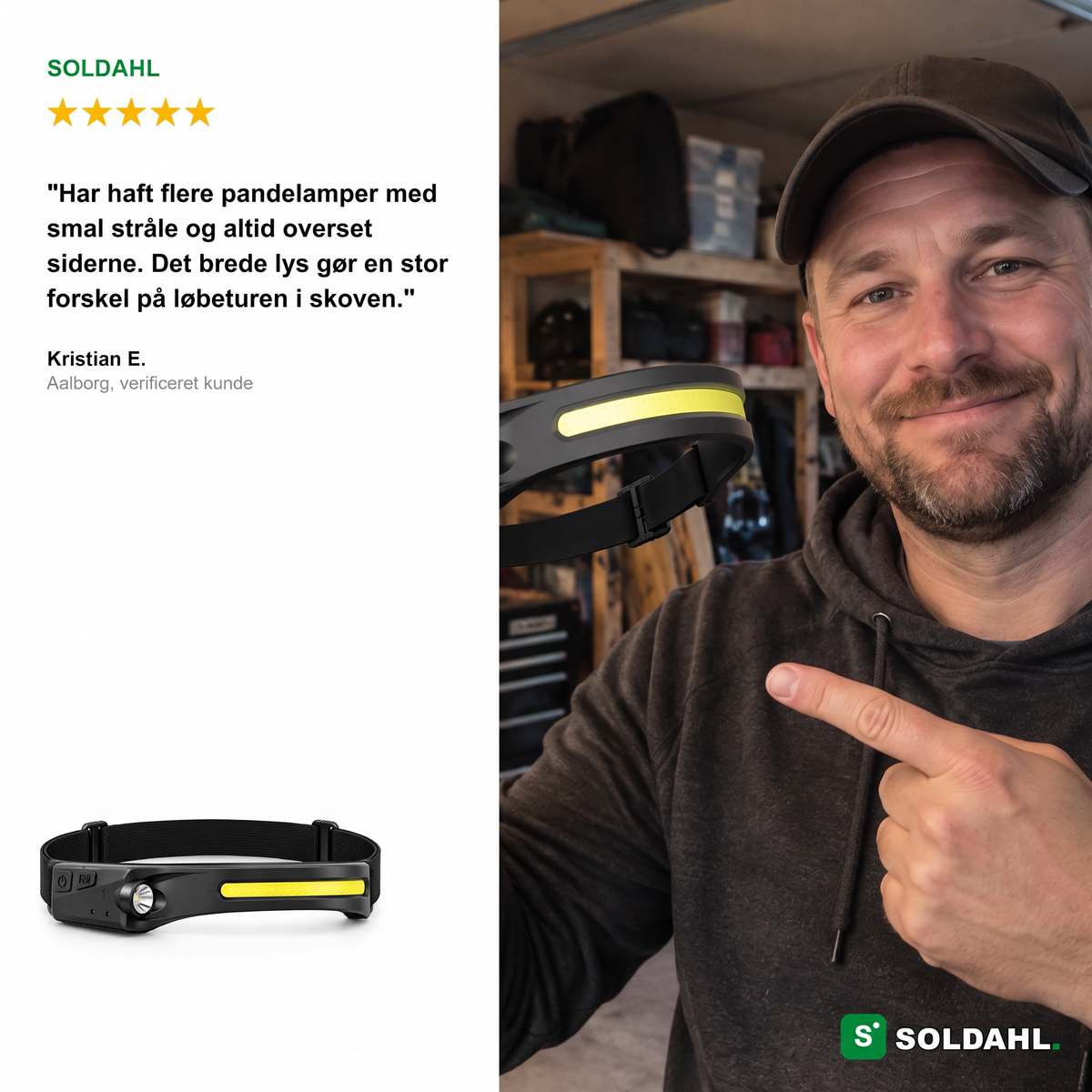 Kunde holder Vidsyn pandelampe op, med anmeldelse fra Kristian E.