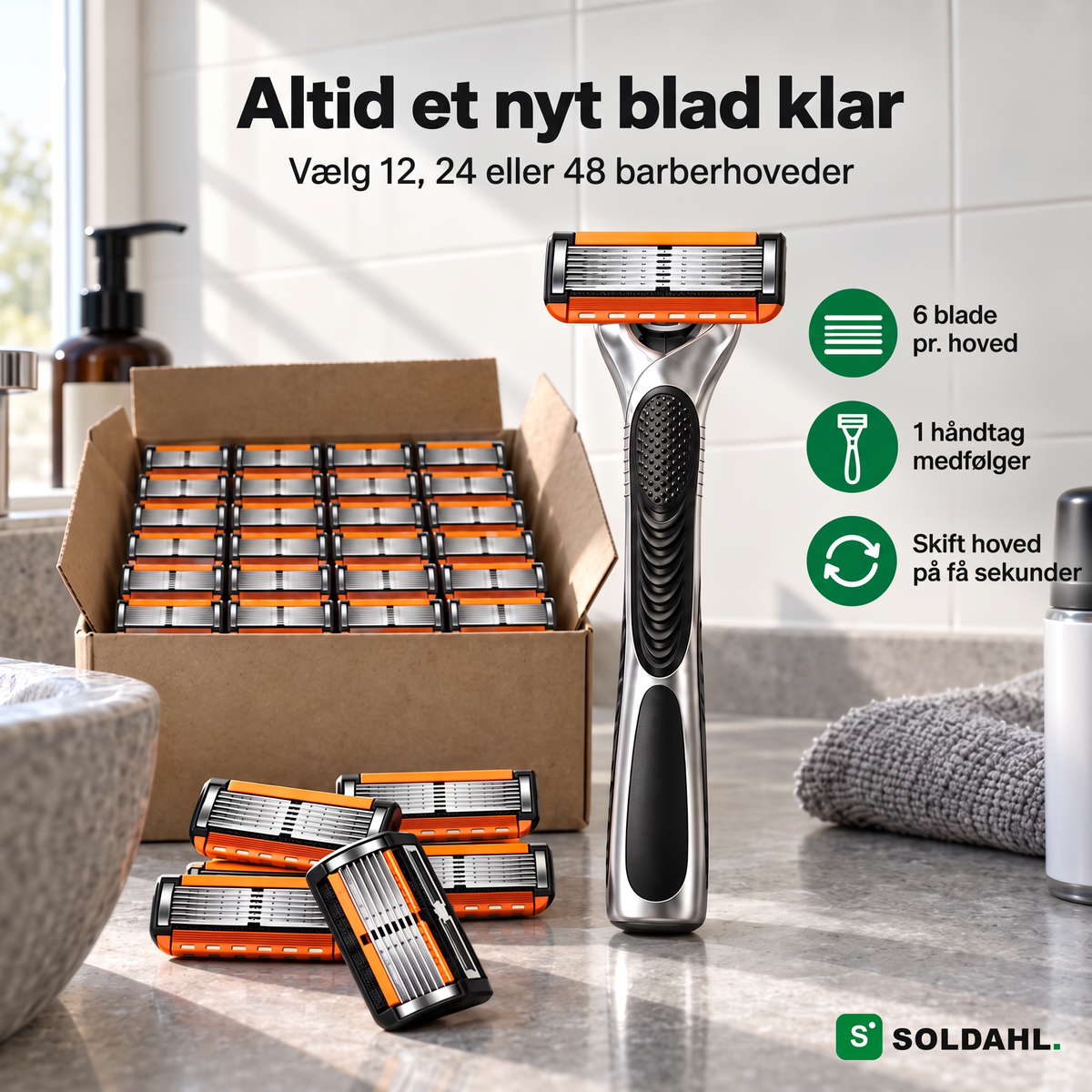 Soldahl Rakvass barberhøvl med æske fuld af 6-bladede barberhoveder, vælg 12, 24 eller 48