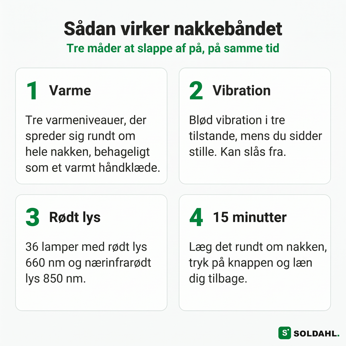 Sådan fungerer nakkebåndet: varme, vibration, rødt lys og 15 minutter
