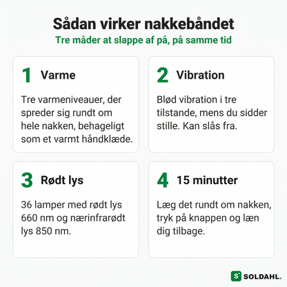Sådan fungerer nakkebåndet: varme, vibration, rødt lys og 15 minutter