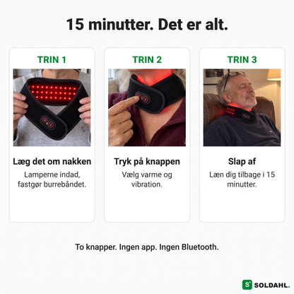 Tre trin: læg rundt om nakken, tryk på knappen, slap af i 15 minutter