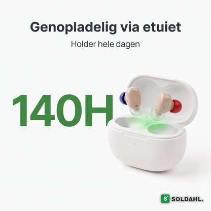 140 timers batteritid, genopladelig via etuiet