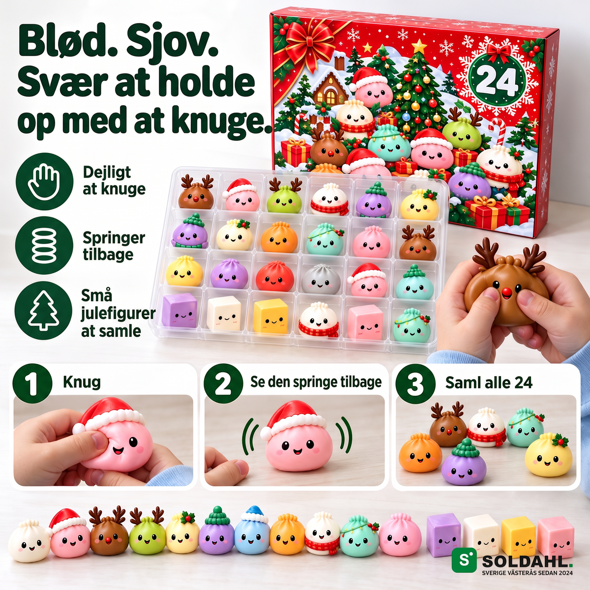 Børnehænder klemmer en blød rensdyrfigur, der springer tilbage, tre trin