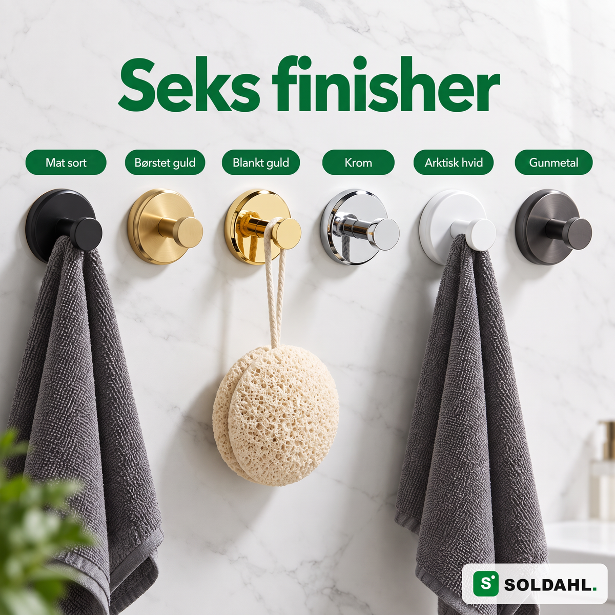 Kvarsitt i seks finisher: mat sort, børstet guld, blankt guld, krom, arktisk hvid og gunmetal