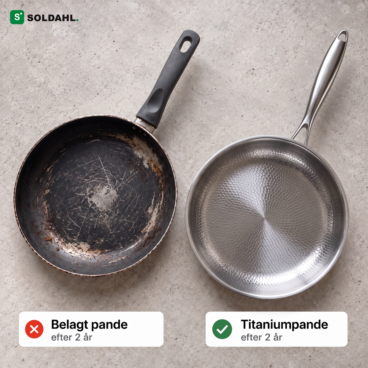 Belagt stegepande efter 2 år ved siden af Stekro i rent titanium efter 2 år