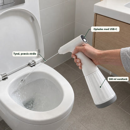 WC-skyller sprøjter en tynd vandstråle i toiletkummen, oplades med USB-C, 500 ml tank