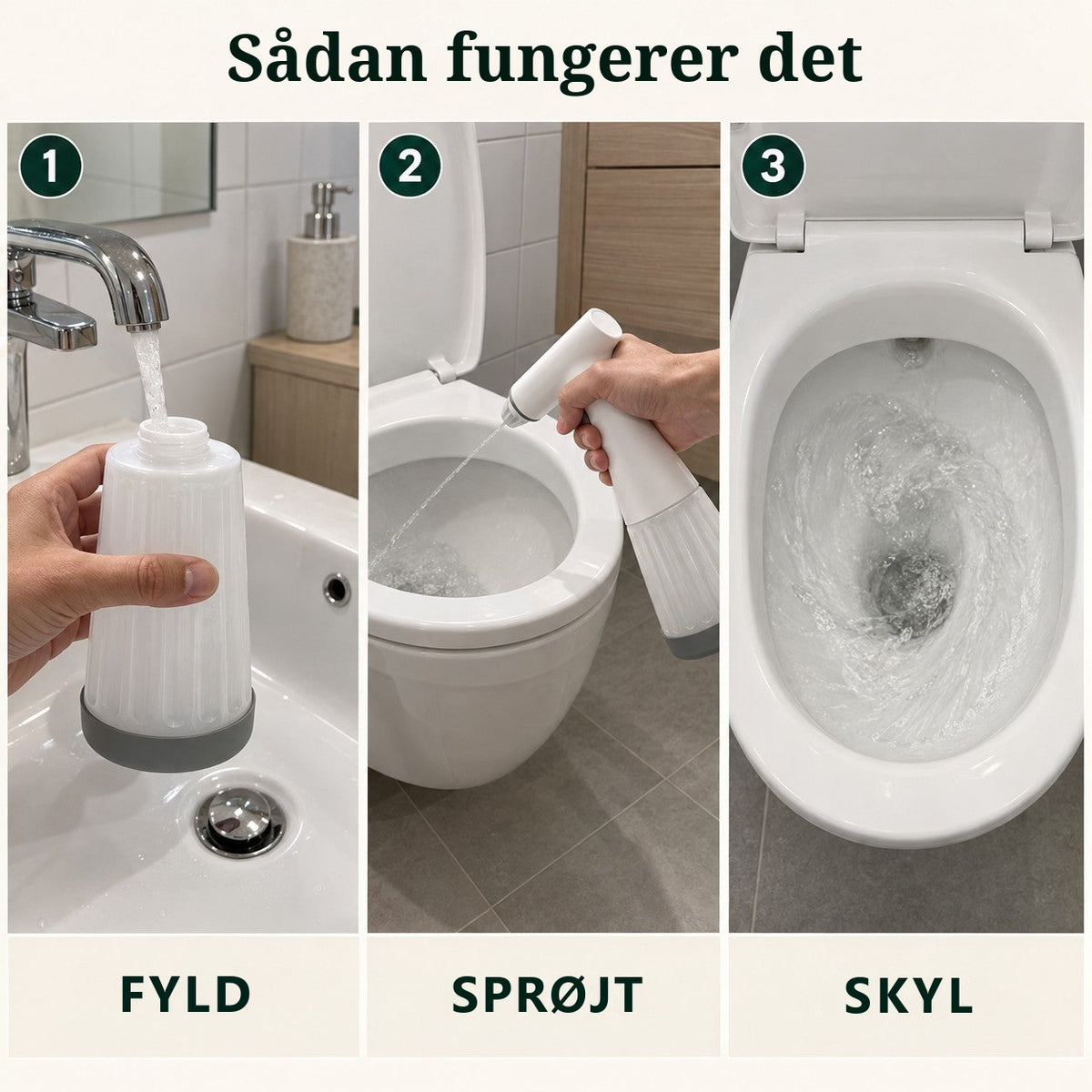 Sådan fungerer WC-skylleren: fyld vand fra hanen på, sprøjt i toiletkummen, skyl ud