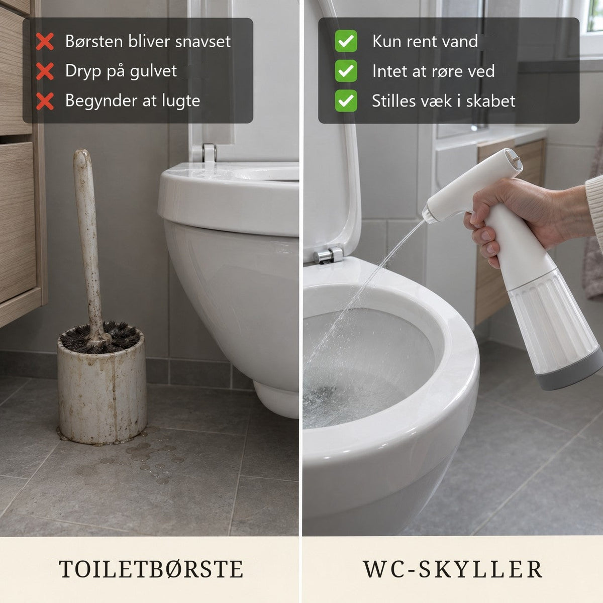 Beskidt toiletbørste sammenlignet med WC-skyller, der kun bruger rent vand