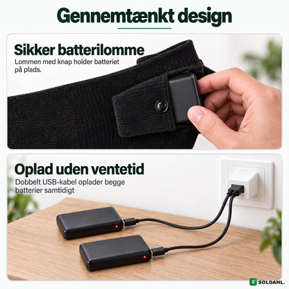 Sikker batterilomme og dobbelt USB-opladerkabel til begge batterier