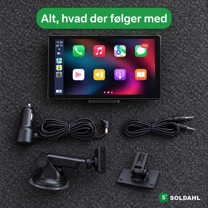 Alt, der følger med Vejro: skærm, sugekopsholder, holder til instrumentbrættet, 12V-kabel og AUX-kabel