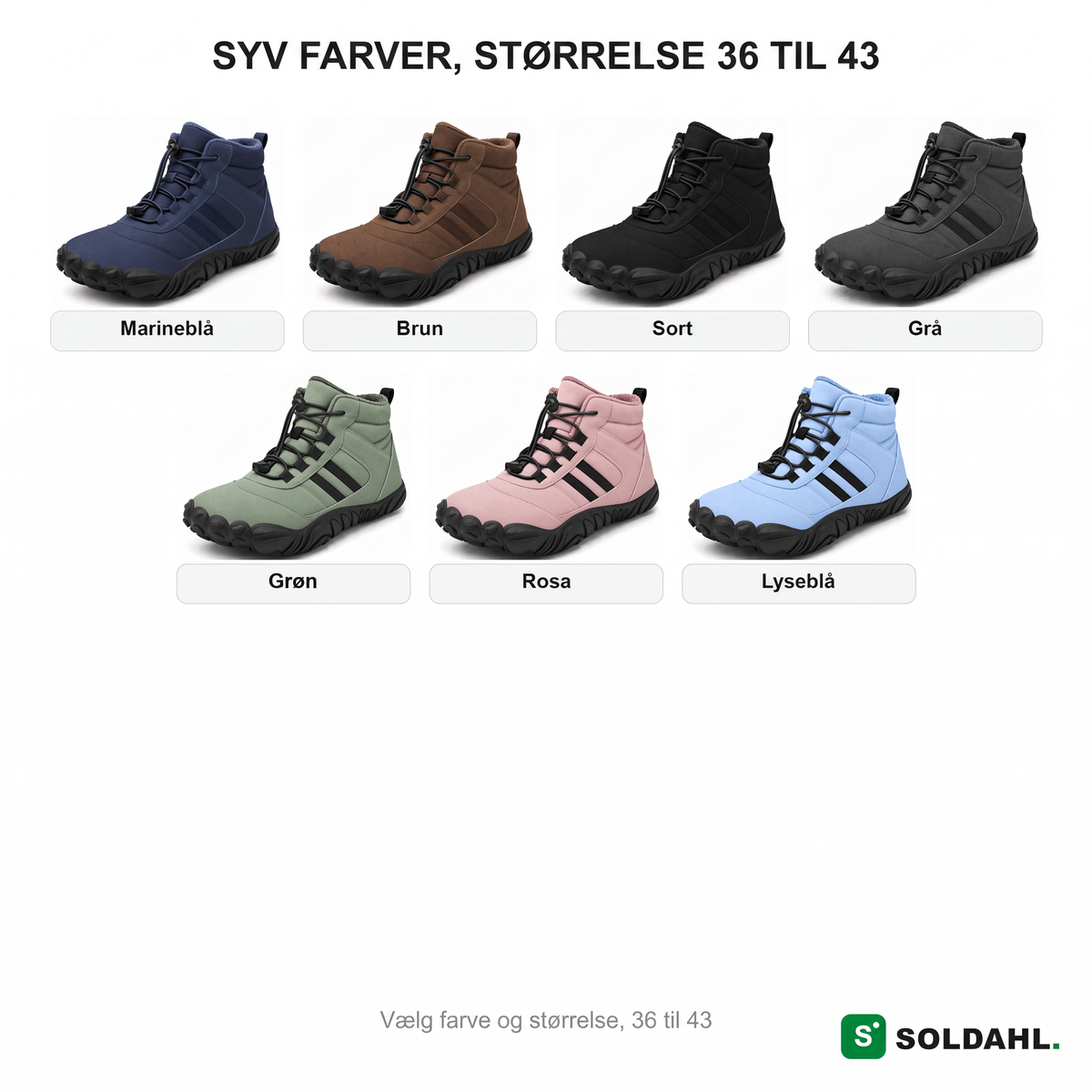 Syv farver, størrelse 36 til 43