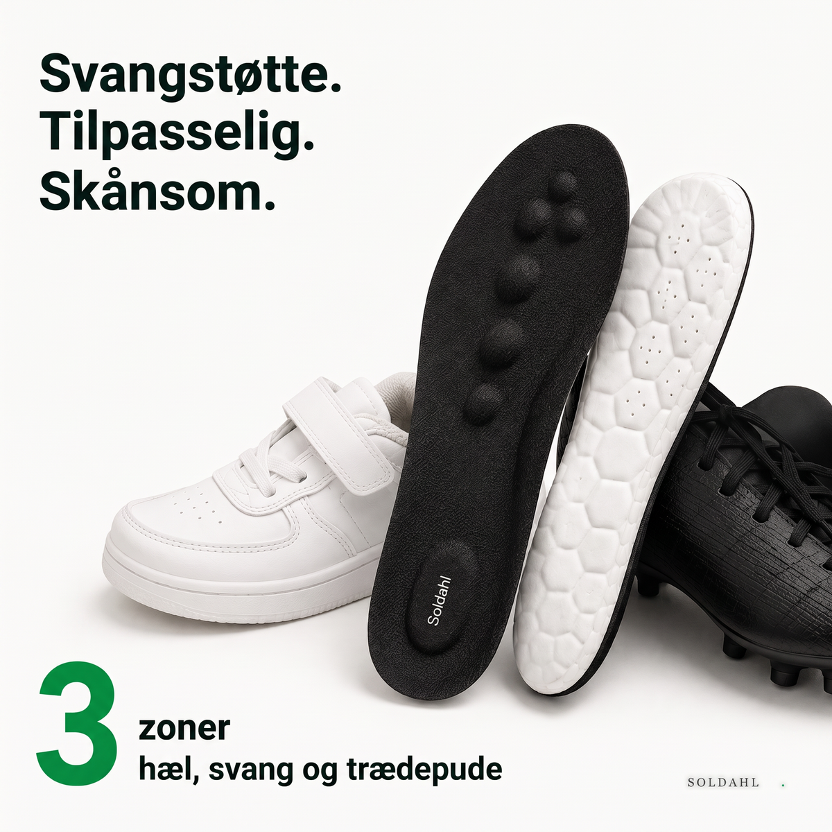 Hvælvingsstøtte, tilpasselig og skånsom, tre zoner hæl hvælving og trædepude