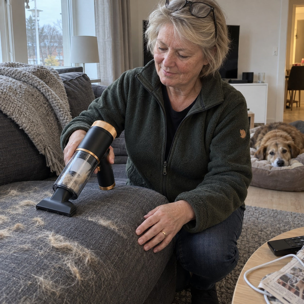 Kvinde tager hundehår fra sofaen med Sugro, mens hunden hviler i baggrunden