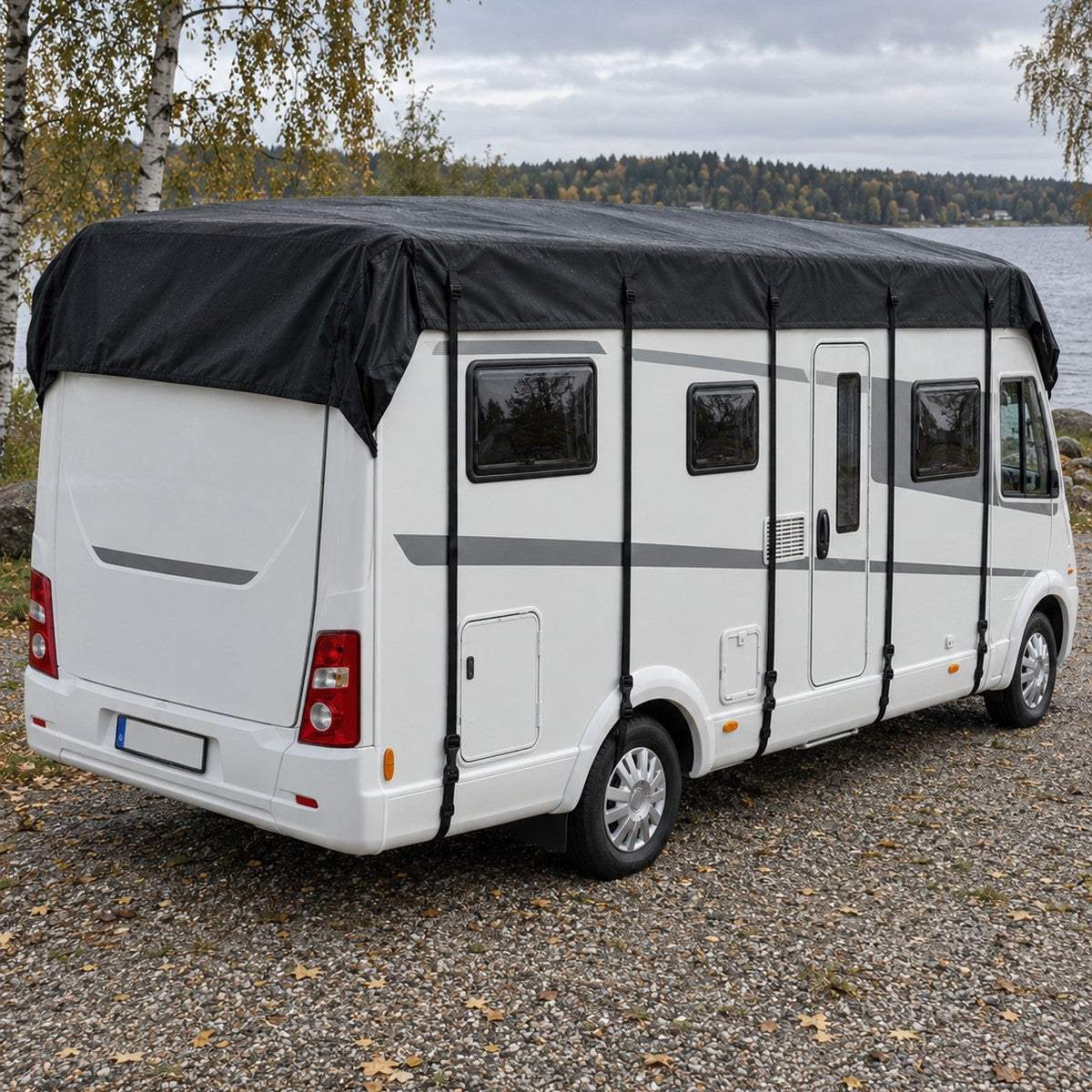 Tagbeskyttelse med stropper på alle fire sider på autocamper ved sø