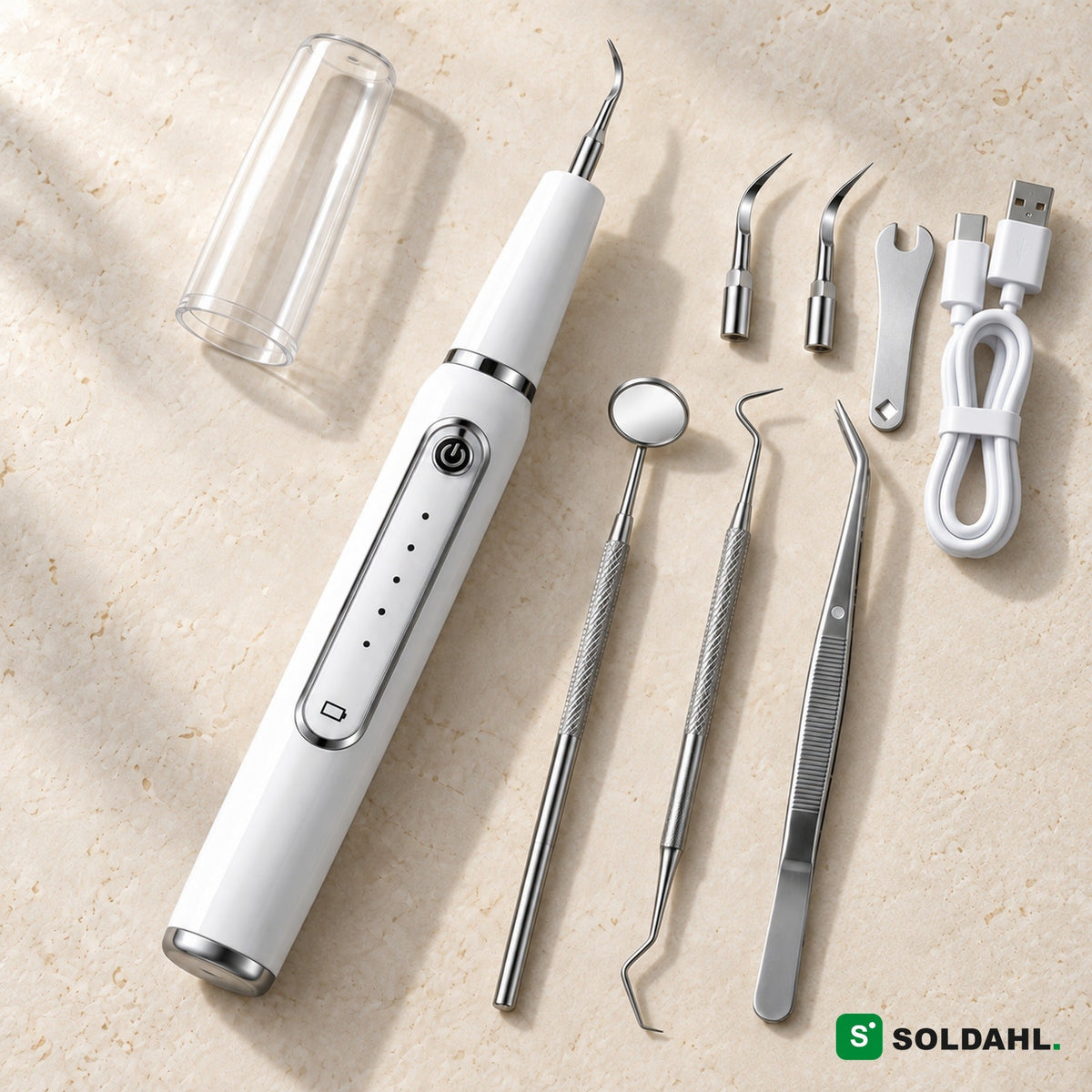 Soldahl Tandro tandstensfjerner til hund i hvid med tilbehør