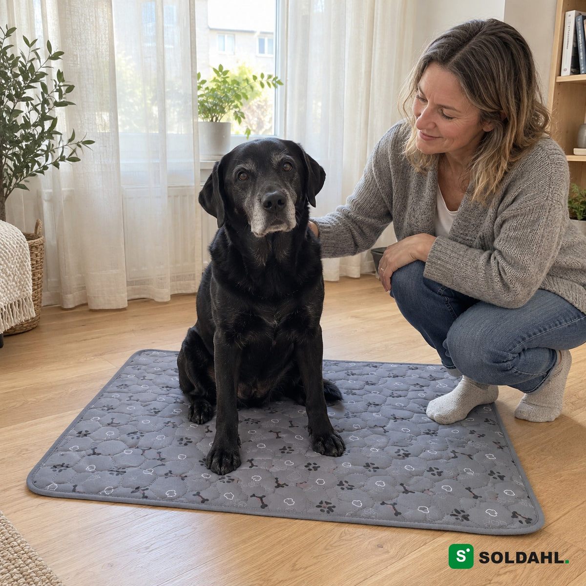 Ældre sort labrador sidder på grå hvalpemåtte med sin ejer hjemme i stuen