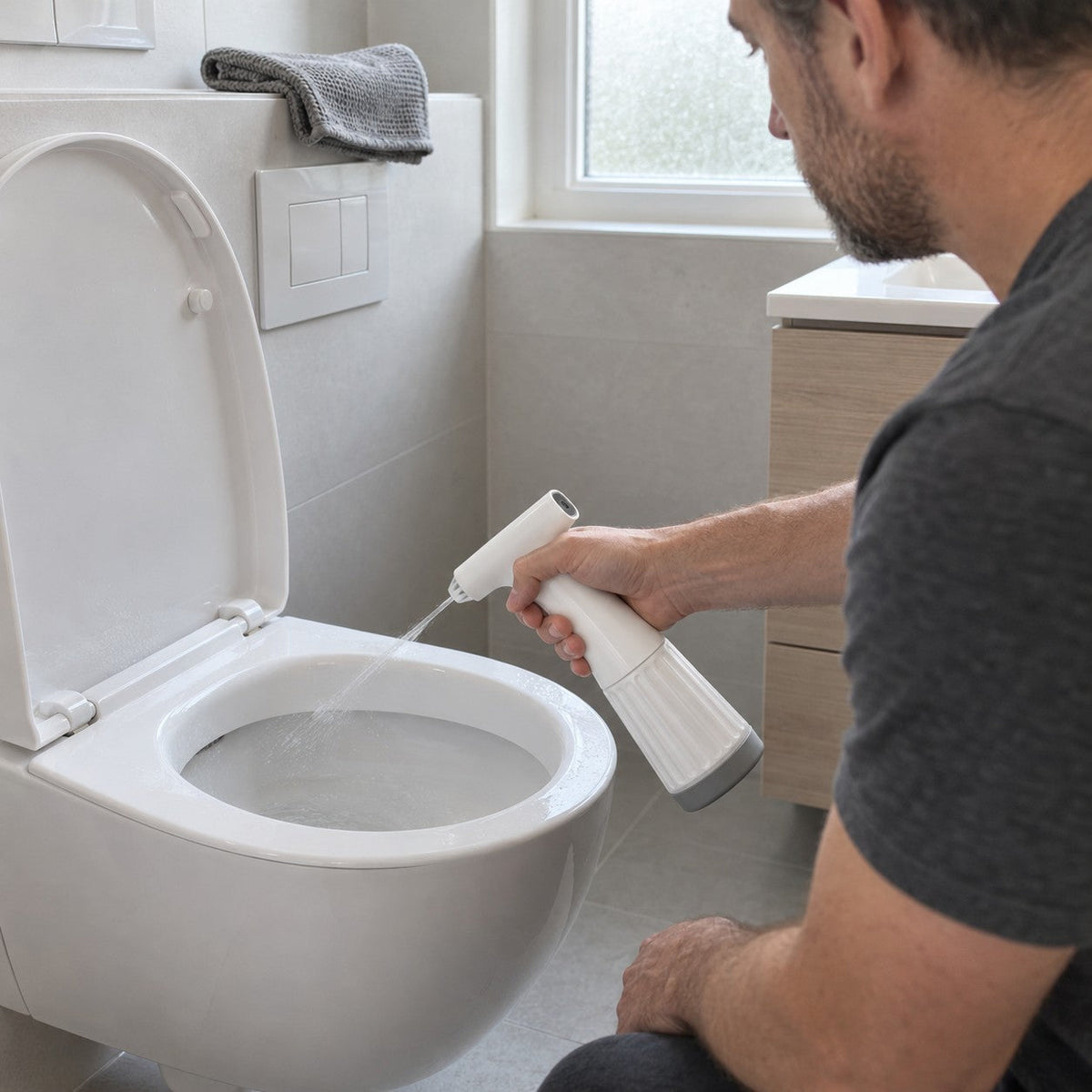 Mand gør toiletkummens kant ren med WC-skylleren i et lyst badeværelse